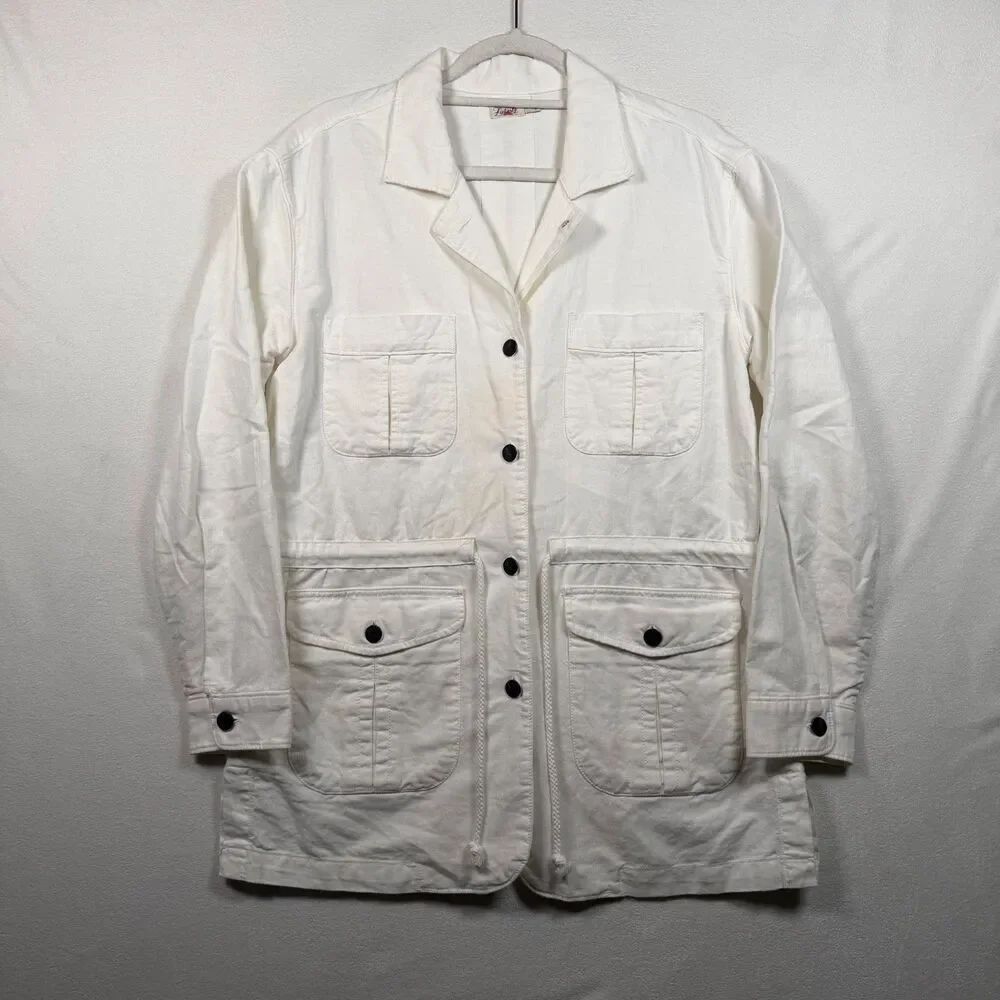 Faherty Women White Linen Blend Utility Jacket Small Drawstring Pockets